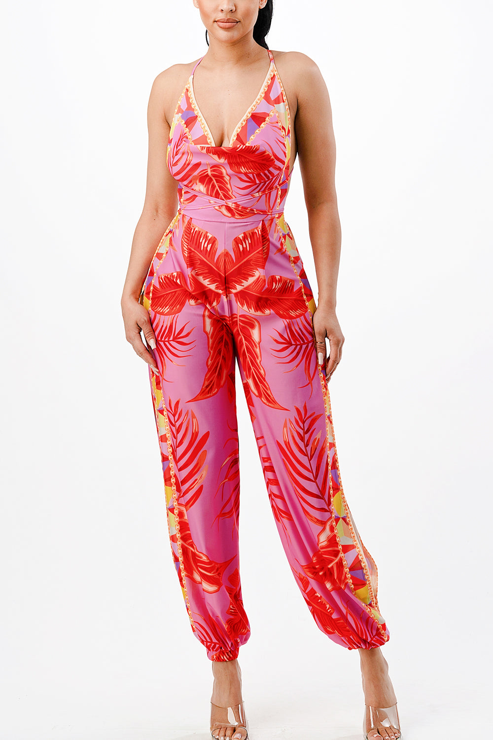  tropical back tie halter jumpsuit with side slits in red