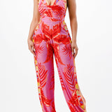  tropical back tie halter jumpsuit with side slits in red