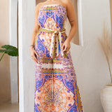 loose fit strapless tube with wide leg linen jumpsuit