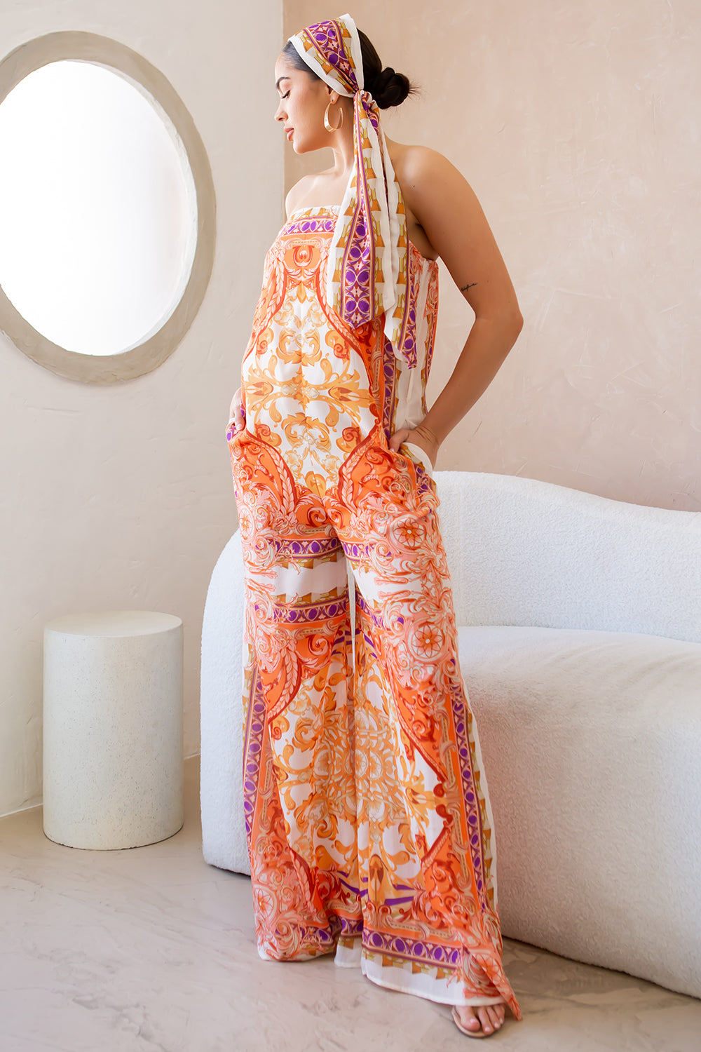 loose fit strapless tube with wide leg linen jumpsuit