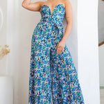 v neck tube top and wide leg pants jumpsuit in blue