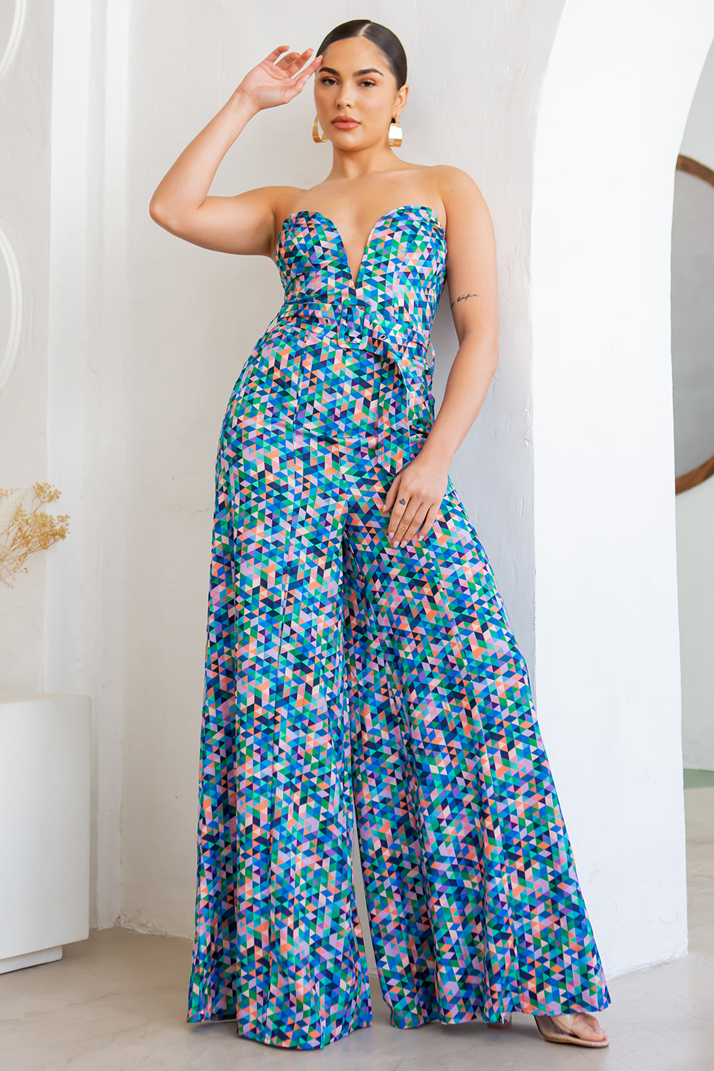 v neck tube top and wide leg pants jumpsuit in blue