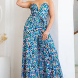 v neck tube top and wide leg pants jumpsuit in blue