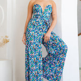 Strapless Deep V Bustier Style Wide Leg Jumpsuit