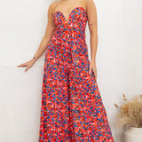 Strapless Deep V Bustier Style Wide Leg Jumpsuit