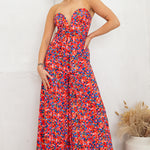 v neck tube top and wide leg pants jumpsuit in red