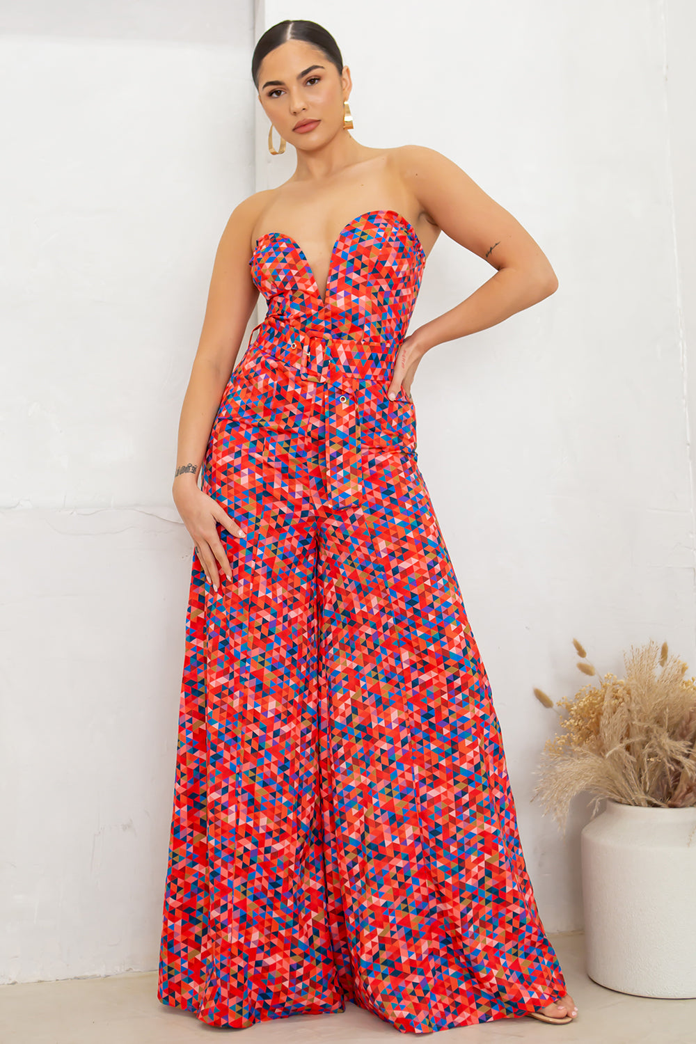 v neck tube top and wide leg pants jumpsuit in red