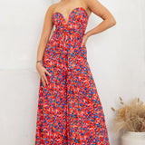 v neck tube top and wide leg pants jumpsuit in red