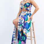 halter smocked crop top and high waist maxi skirt set