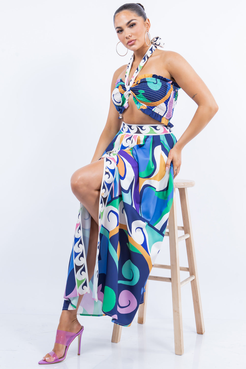 halter smocked crop top and high waist maxi skirt set