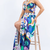 halter smocked crop top and high waist maxi skirt set