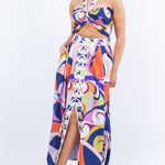 halter smocked crop top and high waist  maxi skirt set  
