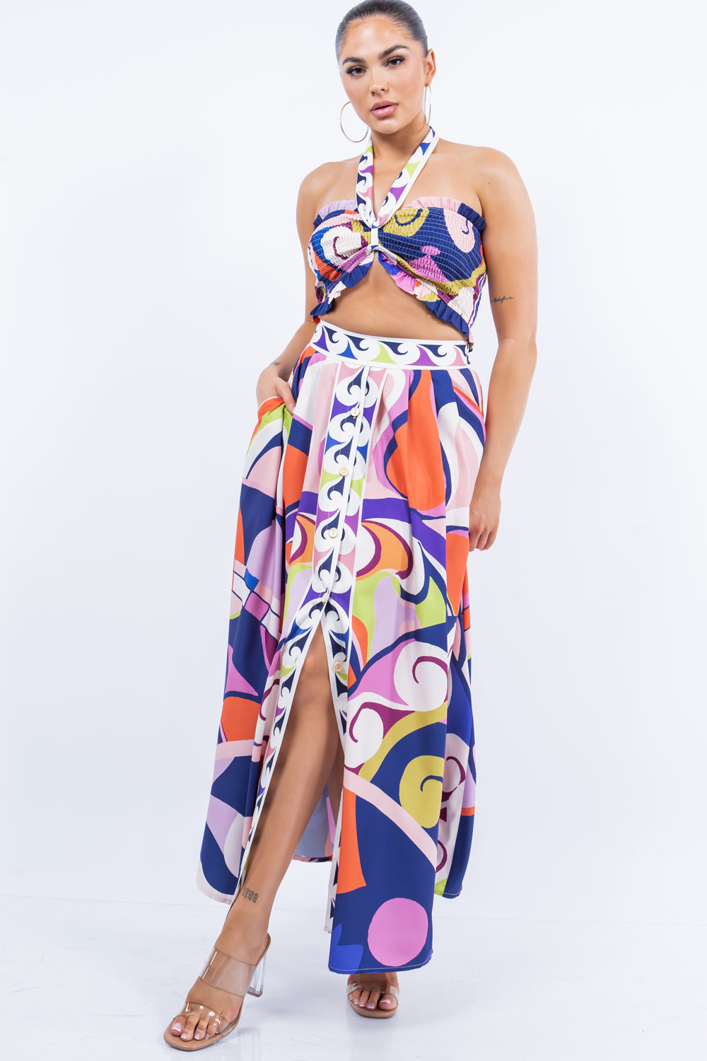 halter smocked crop top and high waist  maxi skirt set  
