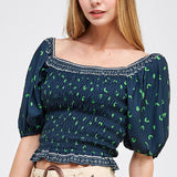 square neck puff sleeve smocked blouse top