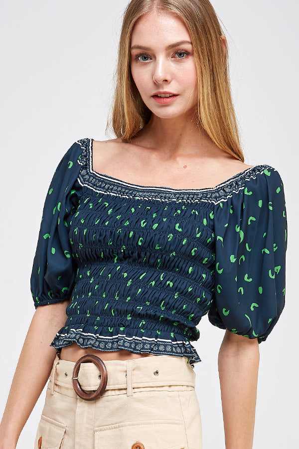 square neck puff sleeve smocked blouse top