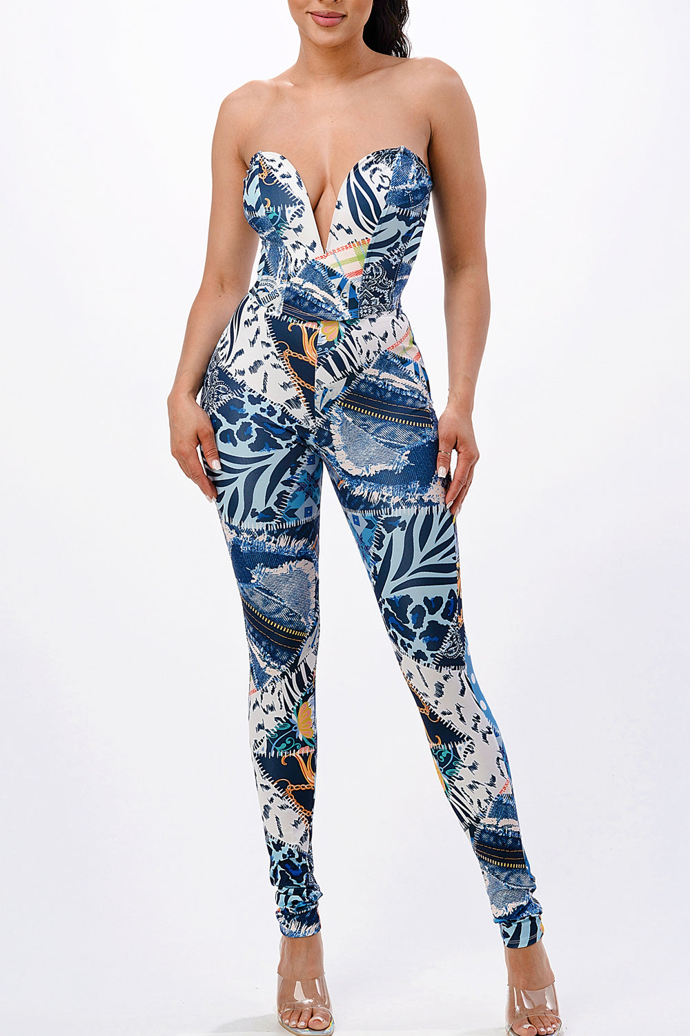 V NECK TUBE TOP WITH LEGGINGS SET IN BLUE 