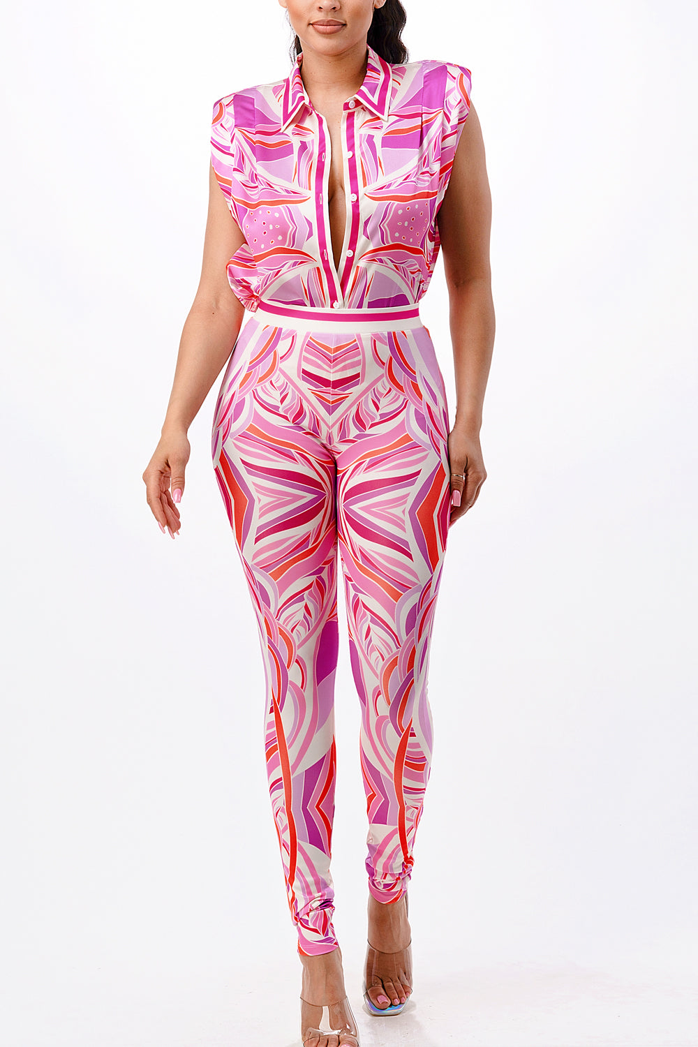 sleeveless button down shirt and high waist leggings set