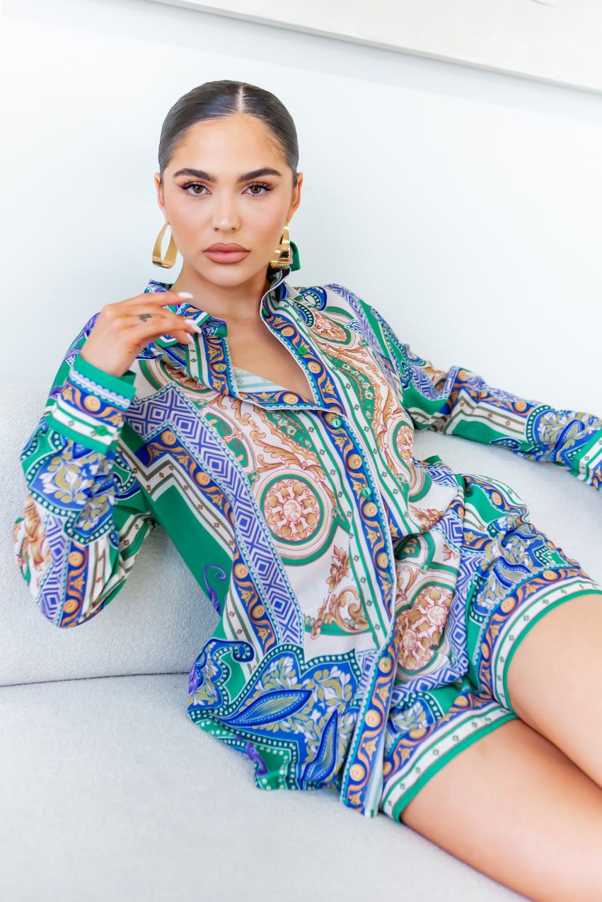 oversized long sleeve button down shirt and short pants set