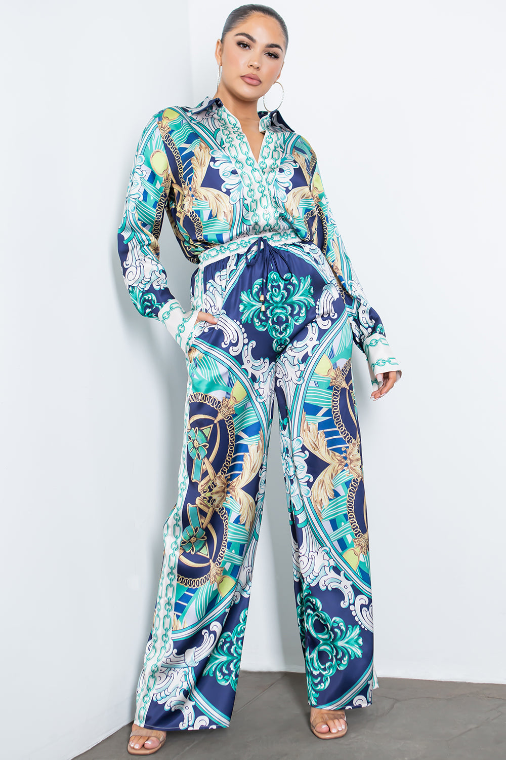 siky satin shirt and wide pants set