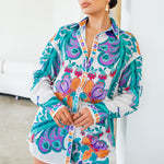 oversized long sleeve button down shirt and short pants set