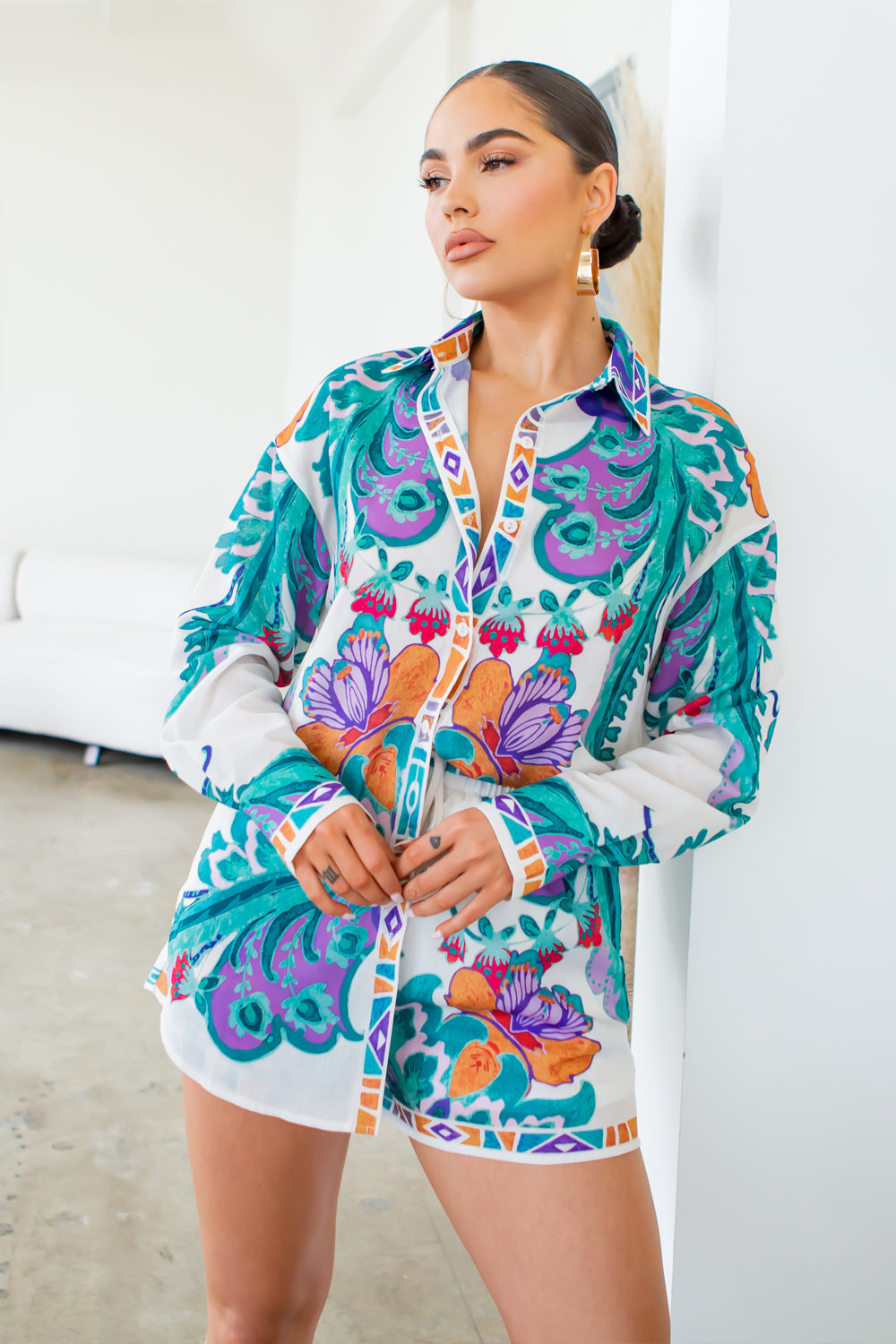 oversized long sleeve button down shirt and short pants set