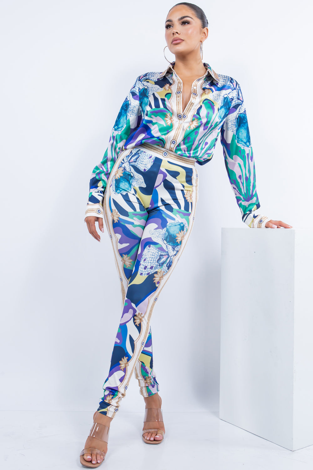 satin button down shirt and high waist legging pants set